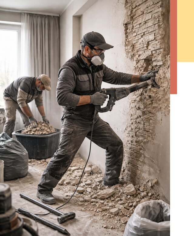 Демонтаж декоративного камня в Краснокаменске от 1482 руб/м² — быстро и недорого | ОТДЕЛОЧНИК-Ксн