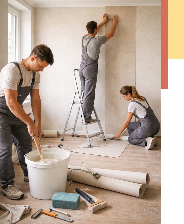 Оклейка стен обоями в Краснокаменске от 3577 руб/м2 — быстро и недорого | ОТДЕЛОЧНИК-Ксн