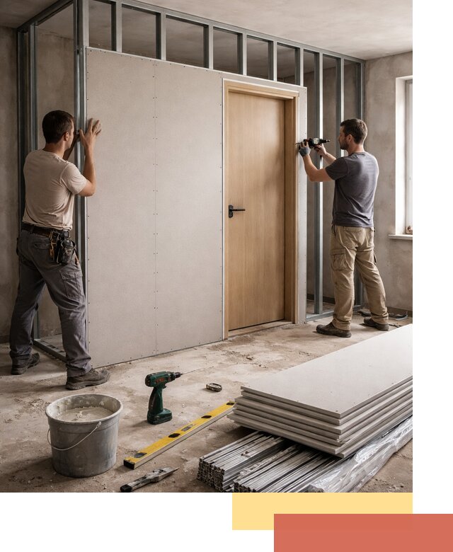 Перегородка из гипсокартона с дверью под ключ в Краснокаменске