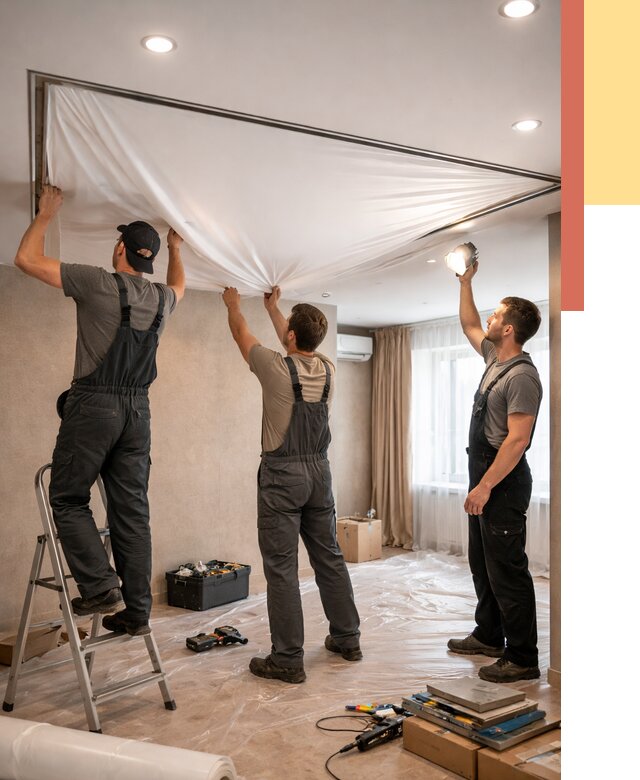 Монтаж ПВХ натяжного потолка в Краснокаменске от 3577 руб. под ключ | ОТДЕЛОЧНИК-Ксн