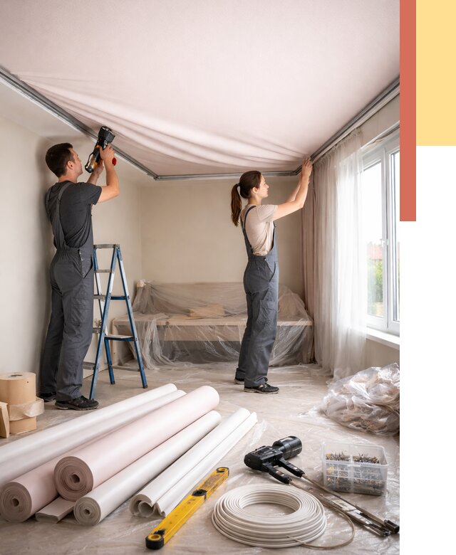 Монтаж цветного натяжного потолка в Краснокаменске от 4293 руб/м² — быстро и недорого | ОТДЕЛОЧНИК-Ксн