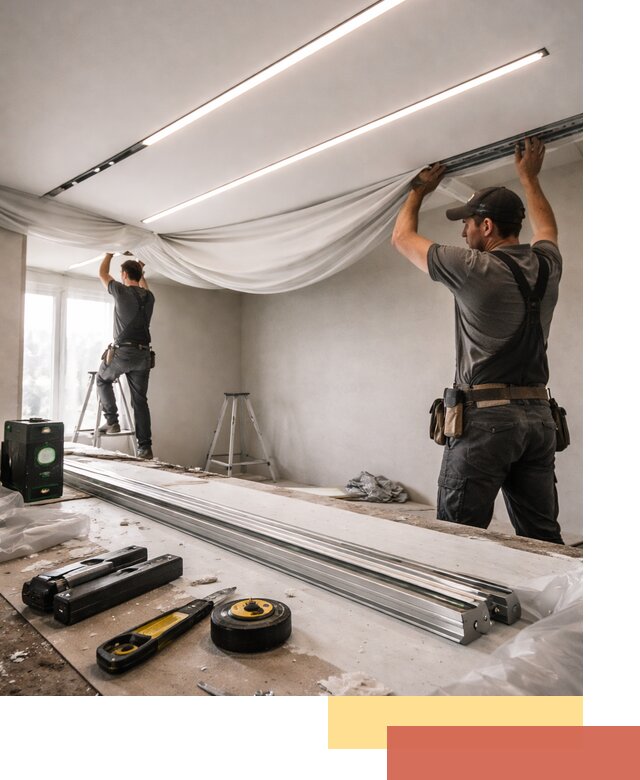 Монтаж натяжных потолков со световыми линиями в Краснокаменске