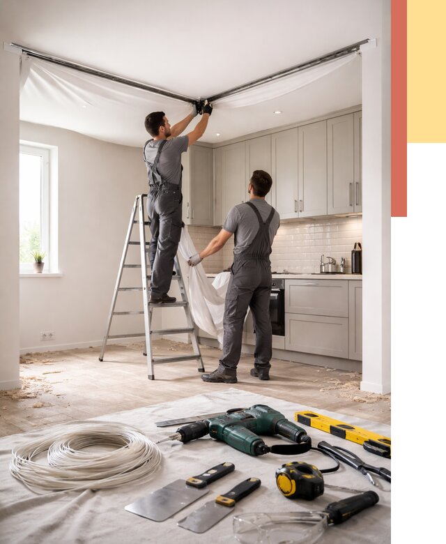 Установка натяжного потолка на кухне в Краснокаменске от 2453 руб. | ОТДЕЛОЧНИК-Ксн