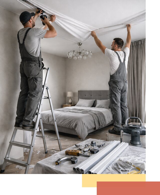 Монтаж натяжного потолка в спальне в Краснокаменске