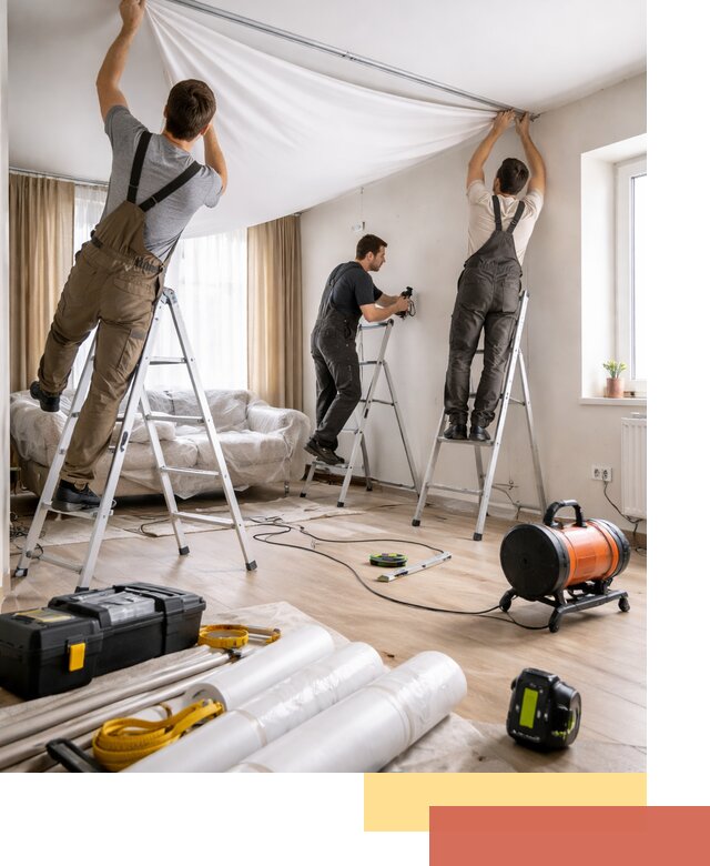 Монтаж натяжного потолка в гостиной в Краснокаменске