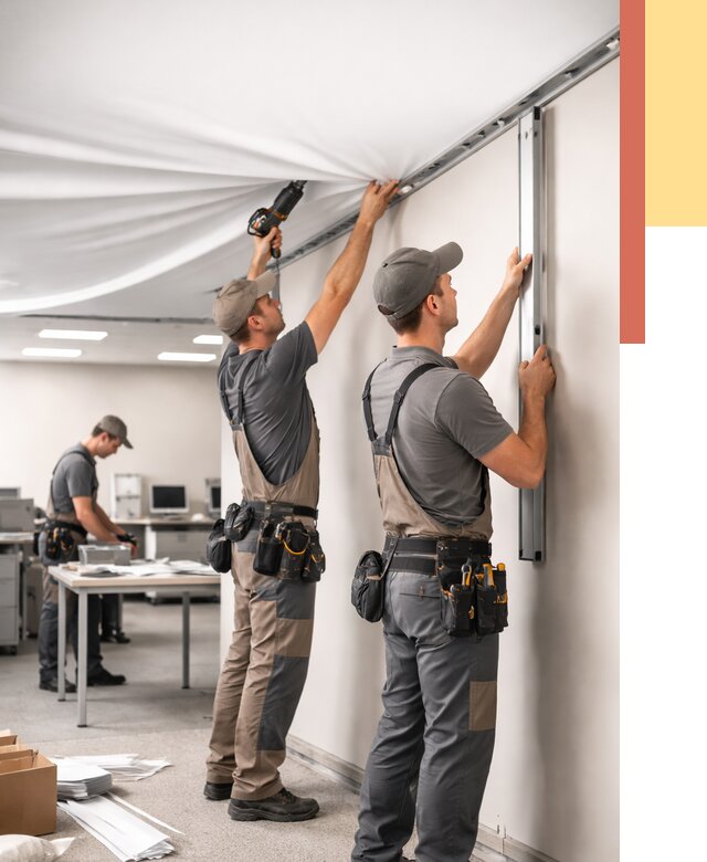 Монтаж натяжного потолка в офисе в Краснокаменске от 460 руб/м² — быстро и недорого | ОТДЕЛОЧНИК-Ксн