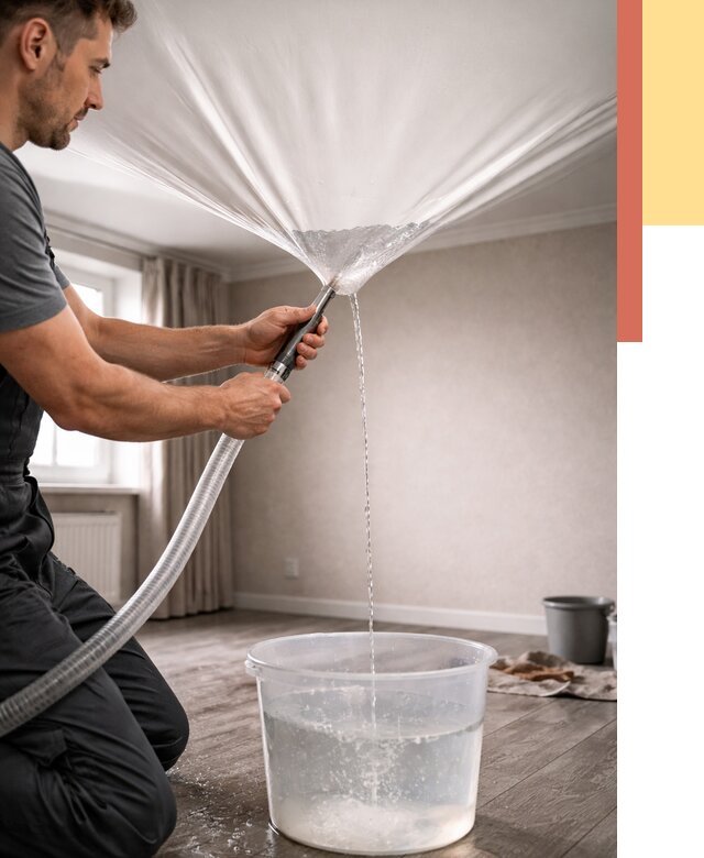 Слив воды с натяжного потолка в Краснокаменске от 2555 руб. быстро и недорого | ОТДЕЛОЧНИК-Ксн