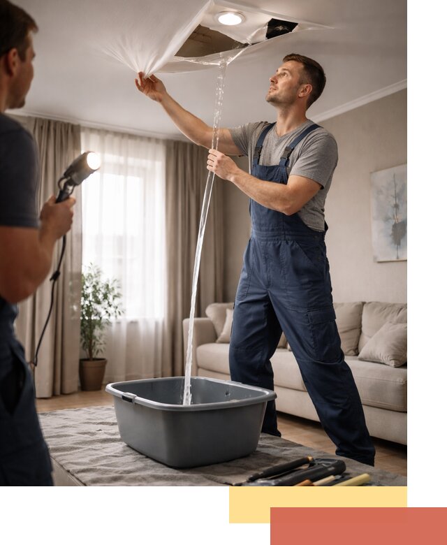 Слив воды с натяжного потолка в Краснокаменске быстро и аккуратно