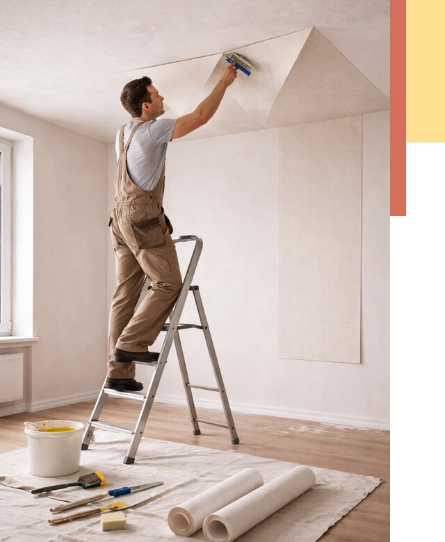 Поклейка обоев на потолок в Краснокаменске от 4599 руб. быстро и недорого | ОТДЕЛОЧНИК-Ксн